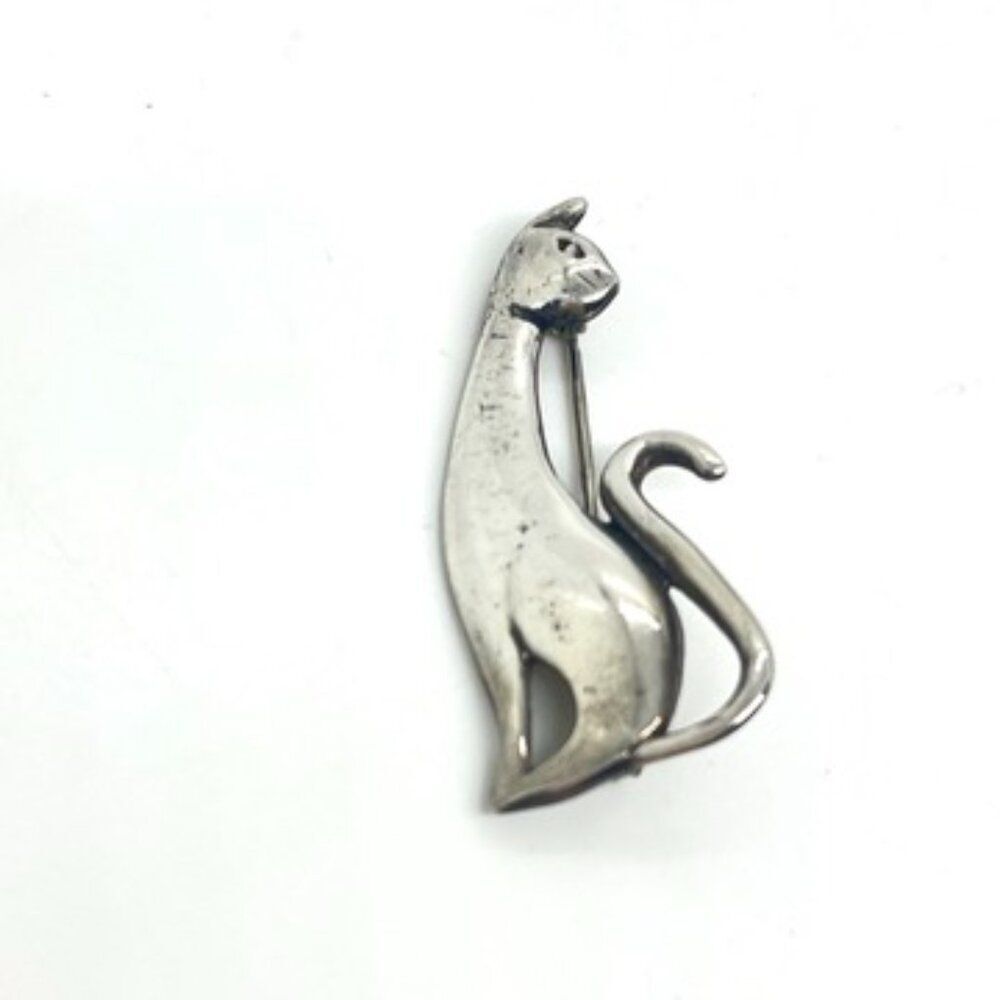 JEAZLAINE 925 STERLING Silver Modernist Cat Brooch Pin Vintage Sculptural Kitty